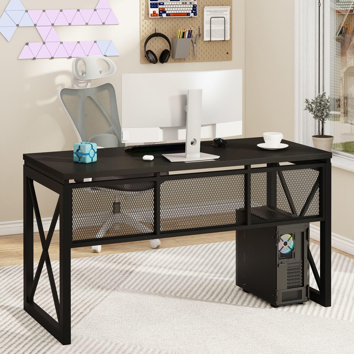 BON AUGURE Black Computer Desk, Modern Gaming Desk, Industrial Wood Office Desks, Sturdy Writing Desks for Home Office, Living Room, Study Workstation, Bedroom (Black, 54 Inch)