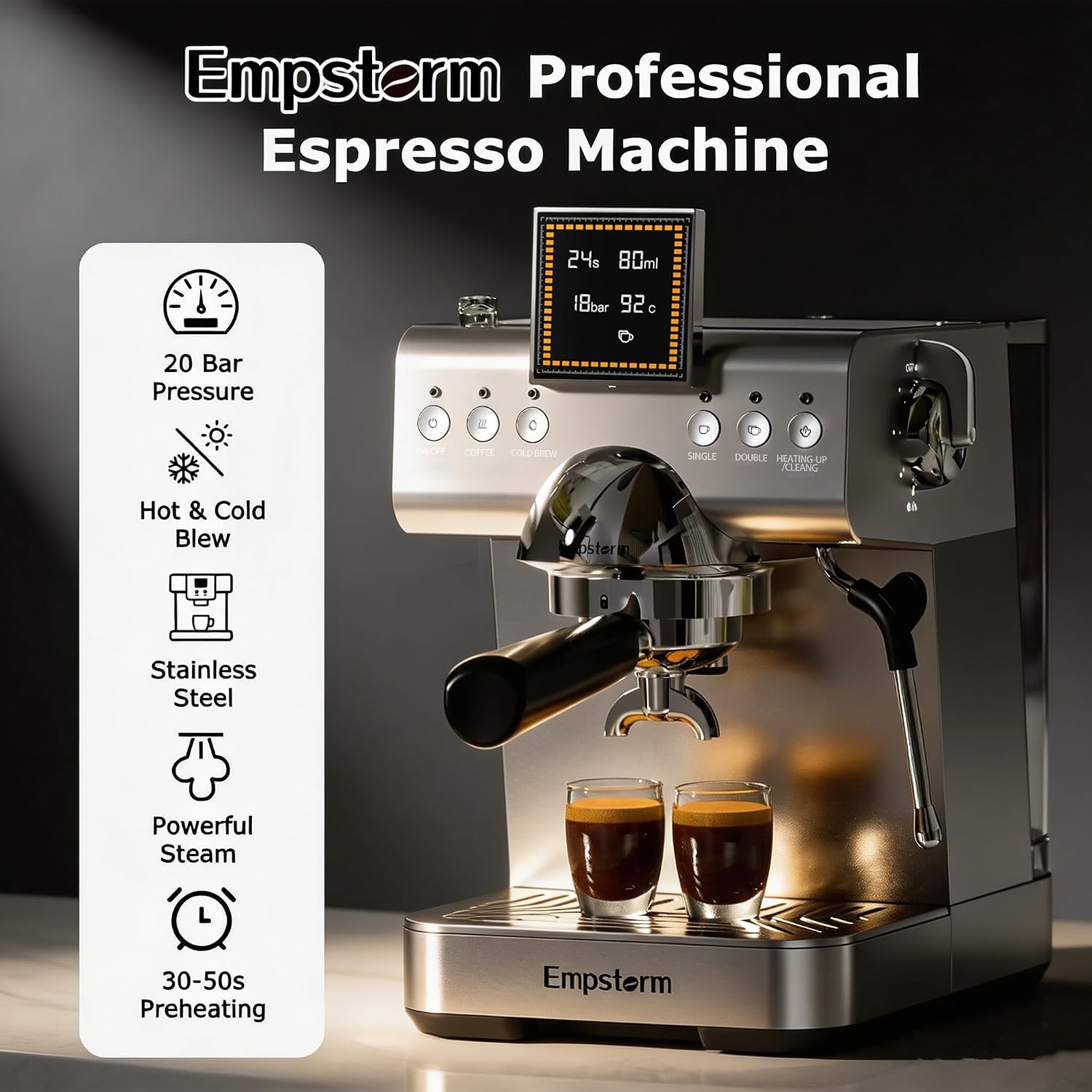 20 Bar Espresso Machine with Milk Frother 1350W Coffee Maker with Hot& Cold Dual-Mode Brewing Compact Stainless Steel Latte & Cappuccino Machine with PID Temp Control for Home Office, 50oz Water Tank