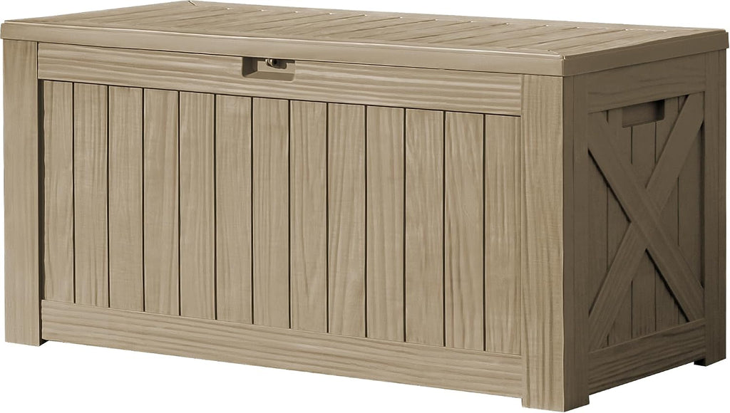 Devoko 120 Gallon Deck Box Resin Outdoor Storage Box Waterproof for Patio, Large Outdoor Storage Bench Lockable for Outside (Brown)