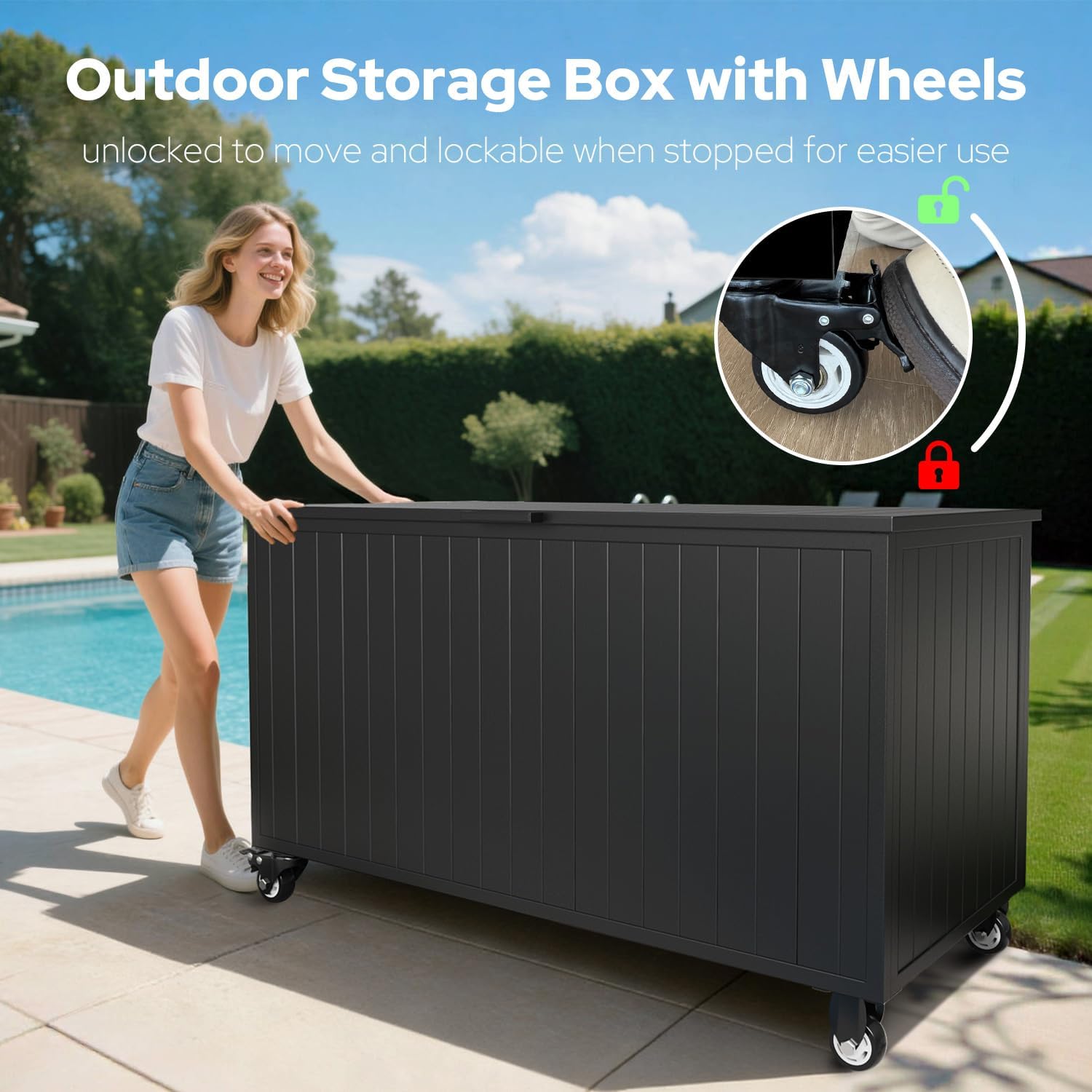 Outdoor Storage Box with Wheels 150 Gallon, Mobile Aluminum Deck Boxes Outdoor Waterproof, UV Resistant Patio Storage Box with Lid for Patio Furniture, Garden Tools, Outdoor Cushion(Blank)