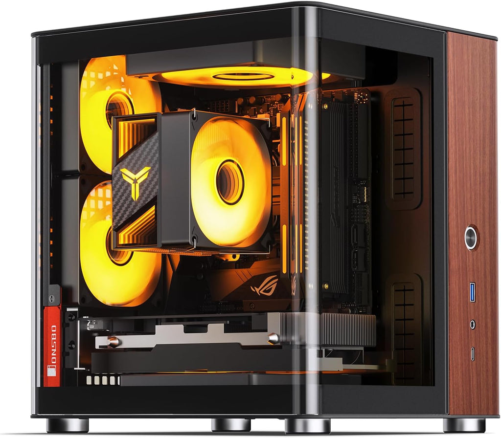 JONSBO TK-0 Black ITX Mini Tower PC Case, Hyperboloid Glass Desktop Design,Separated Cabinet Structure, Al Alloy Shell DTX/ITX Walnut Wood Computer Case, Sff Case,Black