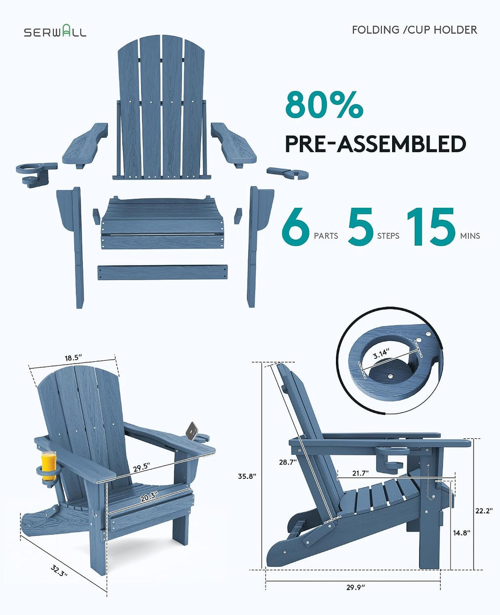 SERWALL Folding Adirondack Chairs, HDPE Adirondack Chairs Set of 4, Plastic Outdoor Chairs,Blue