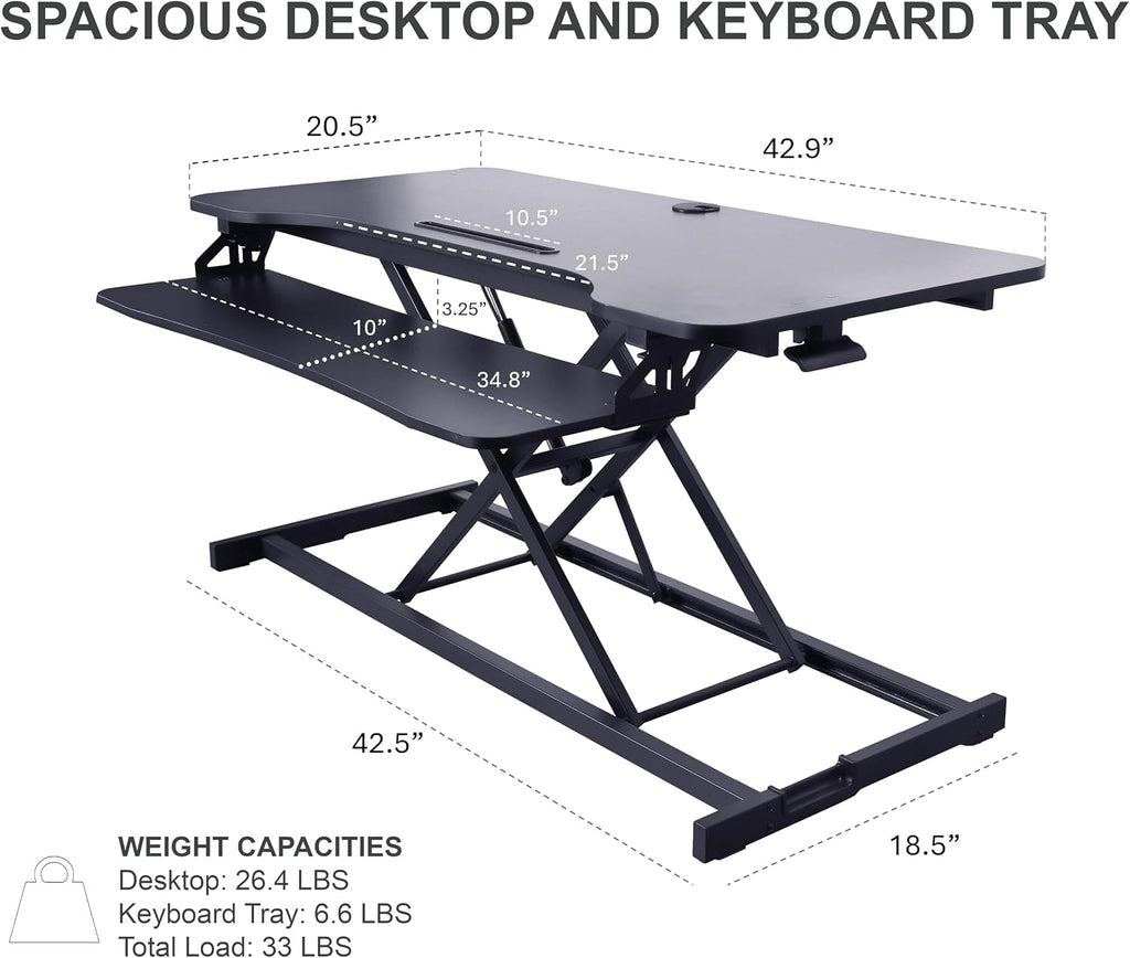 Rocelco 43' Height Adjustable Standing Desk Converter - Tall Sit Stand Up Tabletop Riser with Tablet Slot - Home Office Computer Workstation - Deep Keyboard Tray for Laptop Mouse - Black (R VADRB-43)