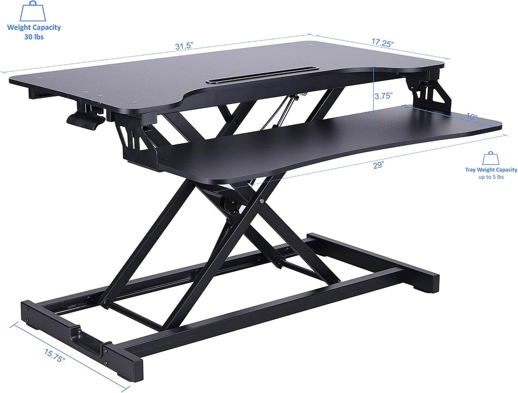 Rocelco Standing Desk Converter 31.5 Inch Sit Stand Up Dual Monitor Tabletop Riser with Tablet Mount, Height Adjustable Home Office Workstation - Deep Keyboard Tray for Laptop Mouse - Black (R VADRB)