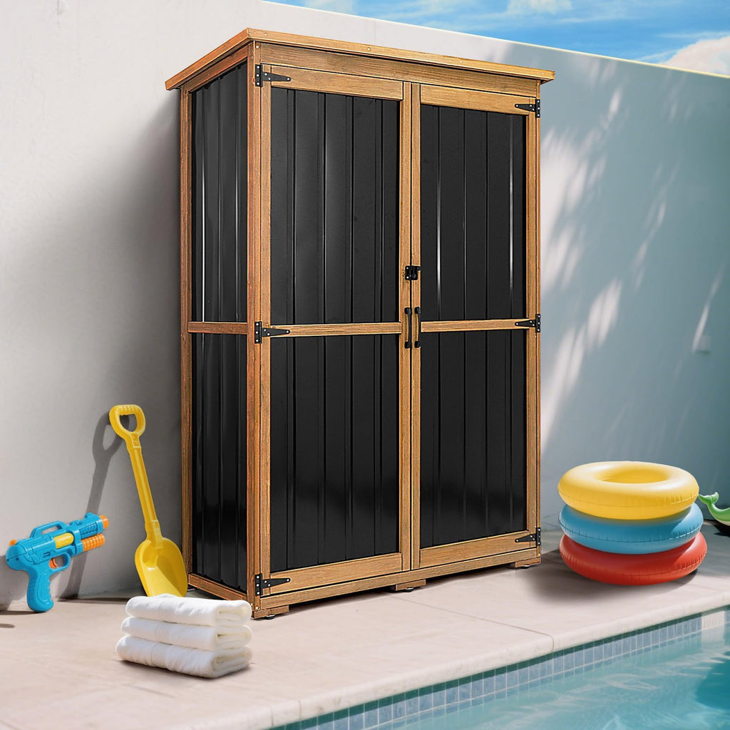 PetsCosset 46' L Large Outdoor Storage Cabinet with Shelves, Wood & Metal Storage Shed Weather-Resistant, Outside Storage Cabinet for Garage Patio Backyard Garden with Waterproof Roof