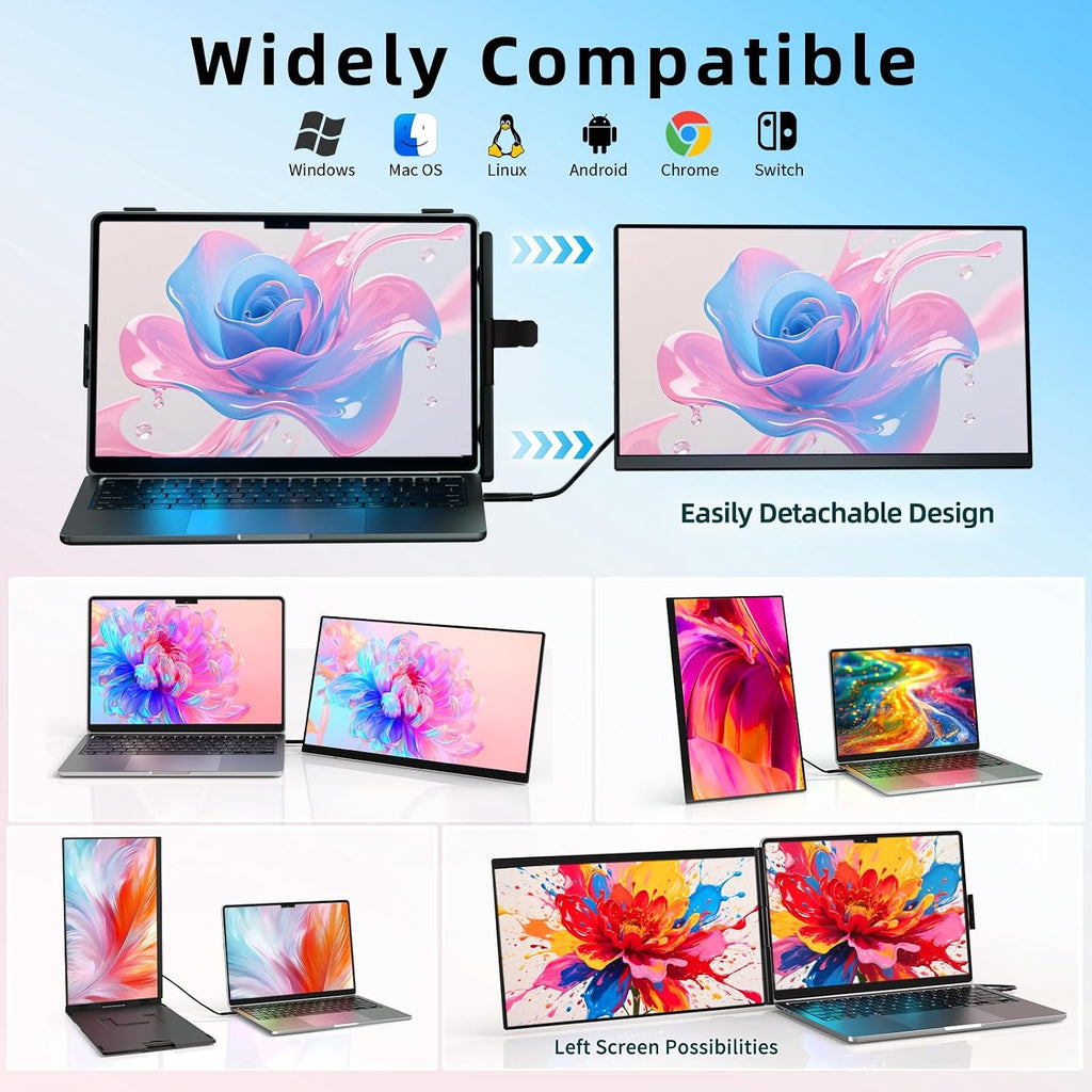 Laptop Screen Extender Dual Monitor - 15.6' Portable Monitor Detachable IPS 1080P FHD 85% NTSC Travel Screen USB-C HDMI Port Compatible with Wins Mac Chrome Dex Fits 13-17' Laptops