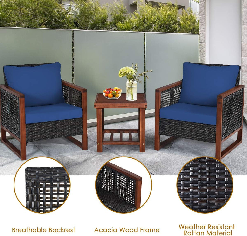 HAPPYGRILL 3 Pieces Outdoor Patio Furniture Set Wicker Chairs with Coffee Table, Balcony Porch Furniture Bistro Set with Acacia Wood Frame and Washable Cushions for Garden Poolside Backyard