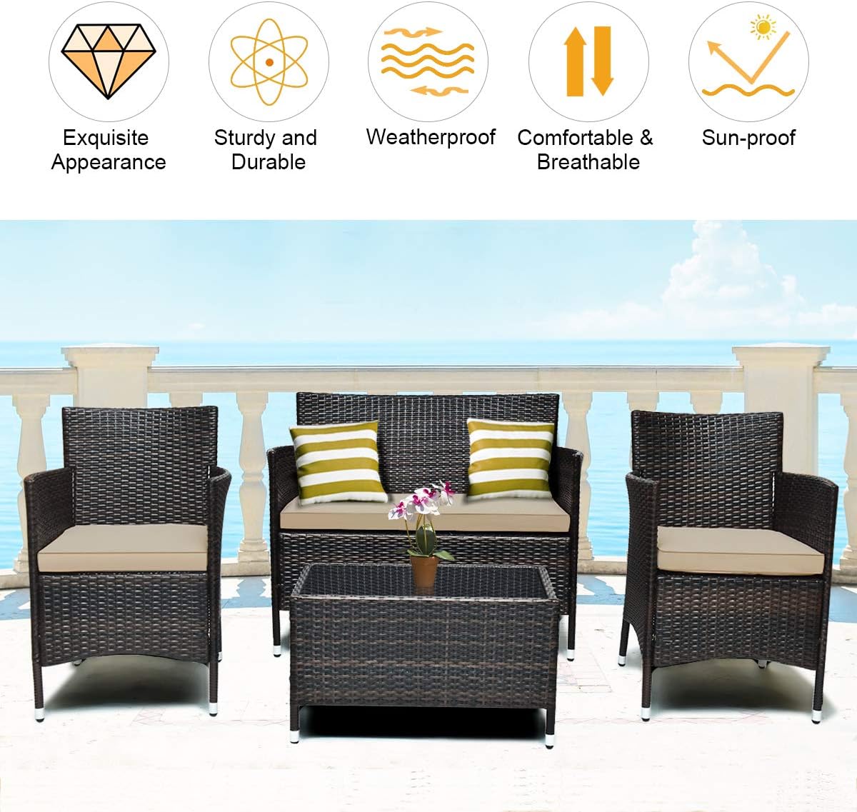 COSTWAY 8PCS Rattan Patio Furniture Set, Outdoor Wicker Rattan Chairs with Coffee Table, Rattan Cushioned Conversation Set for Backyard Balcony Porch Poolside, Brown