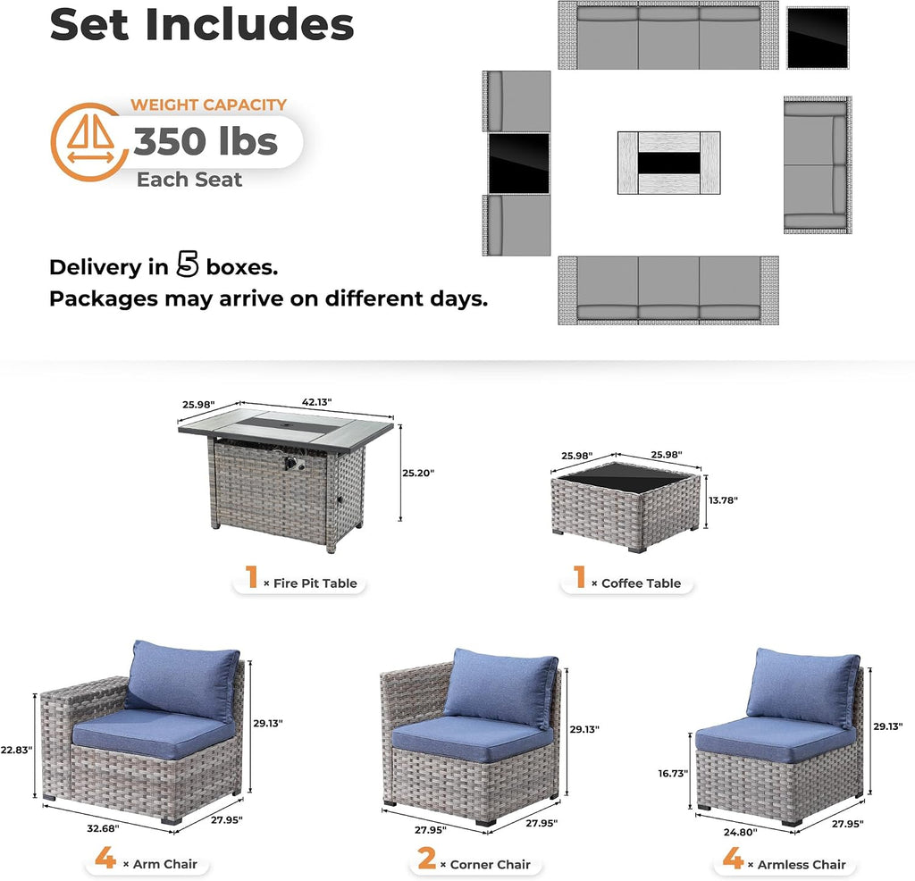 ovios 13 Pieces Patio Furniture Set, Outdoor Wicker Sectional Sofa with 42 Inch Fire Pit Table Comfy Cushions, Modern Modular Deep Seat Rattan Couch Conversation Set, Denim Blue