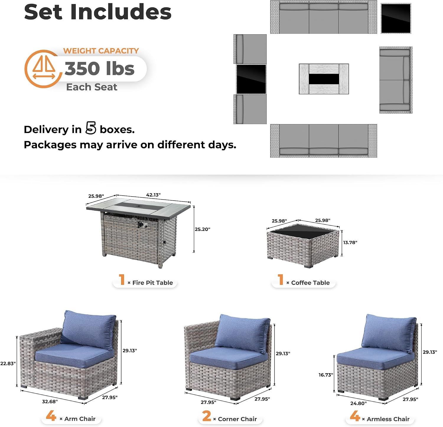 ovios 13 Pieces Patio Furniture Set, Outdoor Wicker Sectional Sofa with 42 Inch Fire Pit Table Comfy Cushions, Modern Modular Deep Seat Rattan Couch Conversation Set, Denim Blue