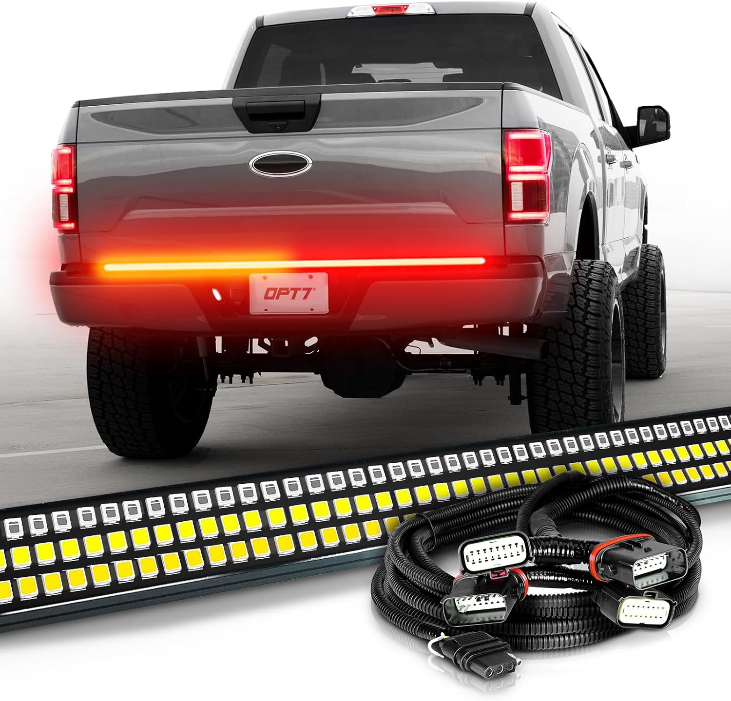 OPT7 Dynamic Taillight for F150 2015-2020 w/Blind Spot Monitor – Redline 60' Aluminum Rigid 1-Piece Triple Row LED Truck Tailgate Light Bar w/Sequential Amber Turn + Plug'n'Play Harness