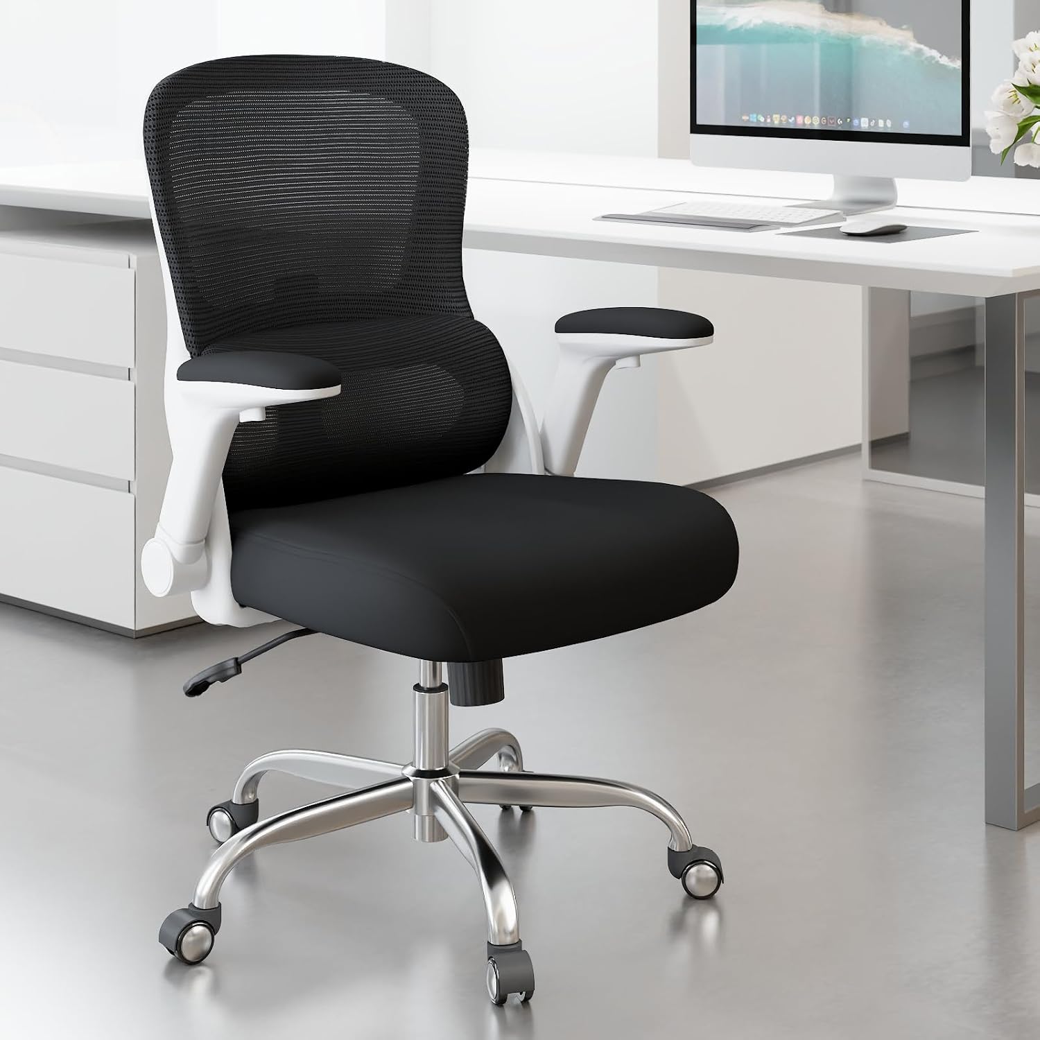 Ergonomic Office Chair - Computer Desk Chairs Comfy, Mesh High-Back Gaming Chair with Adjustable Lumbar Support, Executive Task Chair for Adults, Comfortable for Long Hours (White Black)