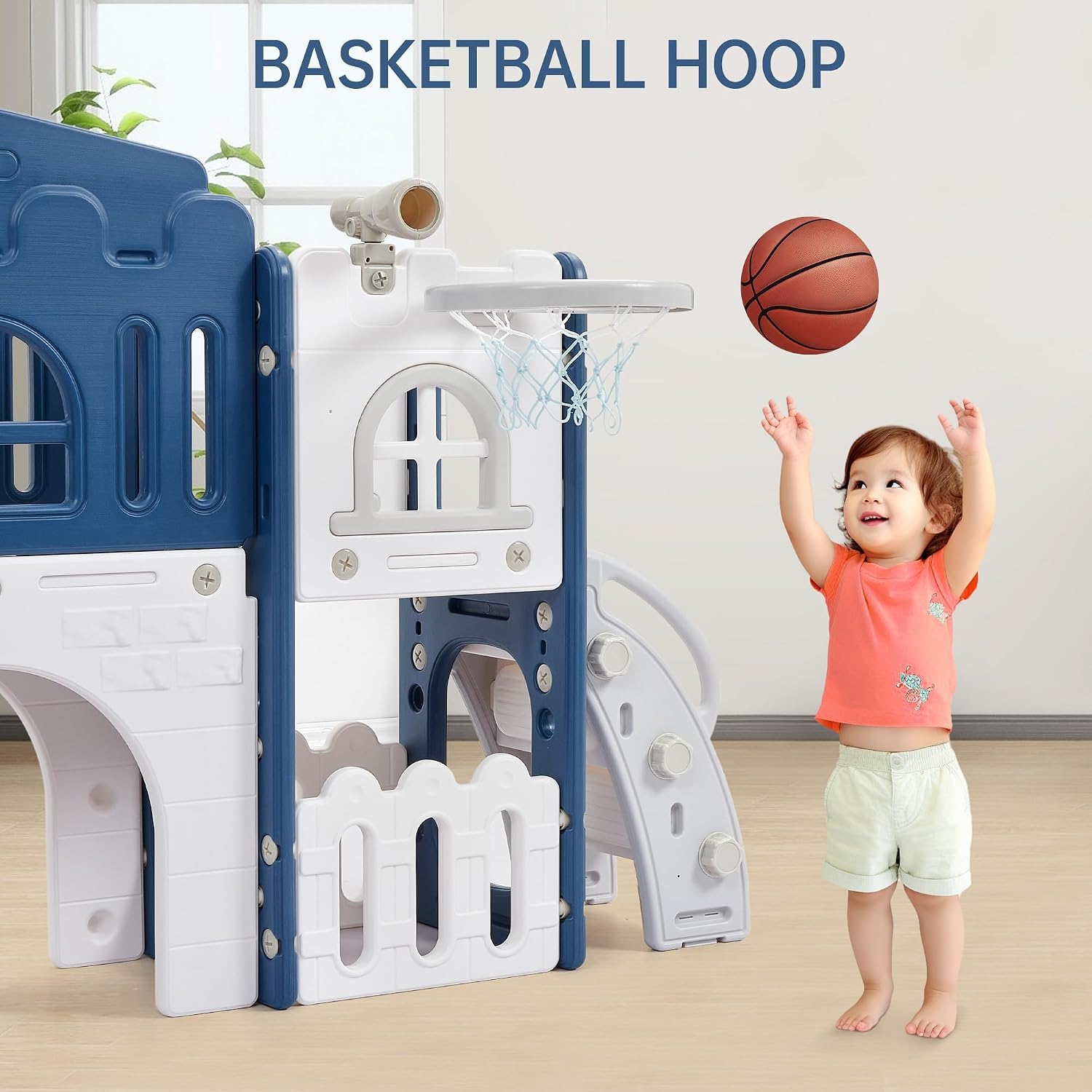 Garvee Toddler Slide 8 in 1 Toddler Playset for Toddlers Age 1-3, Baby Playset for Indoor Outdoor Playground with Climber, Crawling Tunnel, Basketball Hoop, Telescope, Toy Storage