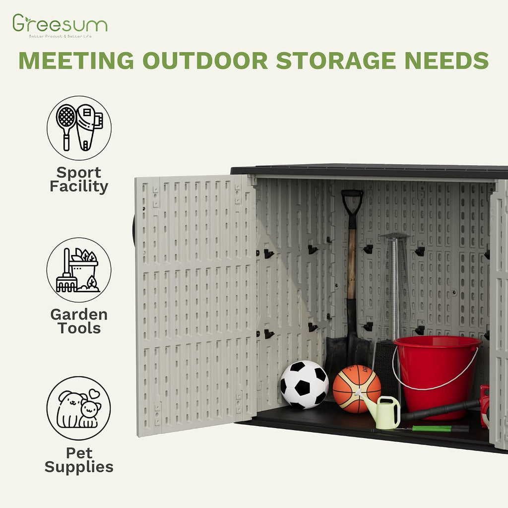 Greesum Outdoor Storage Cabinet, 25 CUFT Deck Box Without Shelves, Waterproof Plastic Storage Shed for Patio Cushions, Gardening Tools, Lockable and Sidehandles, UV Resistant, Beige