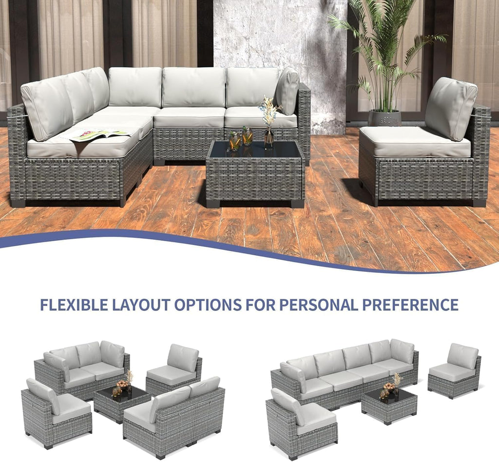 GarveeLife 7 Pieces Patio Furniture Set, Rattan Sectional Patio Sofa Set with 4 Sofas and One Coffee Table, Modular Outdoor Conversation Sofa Set for Garden, Backyard, Porch, Grey