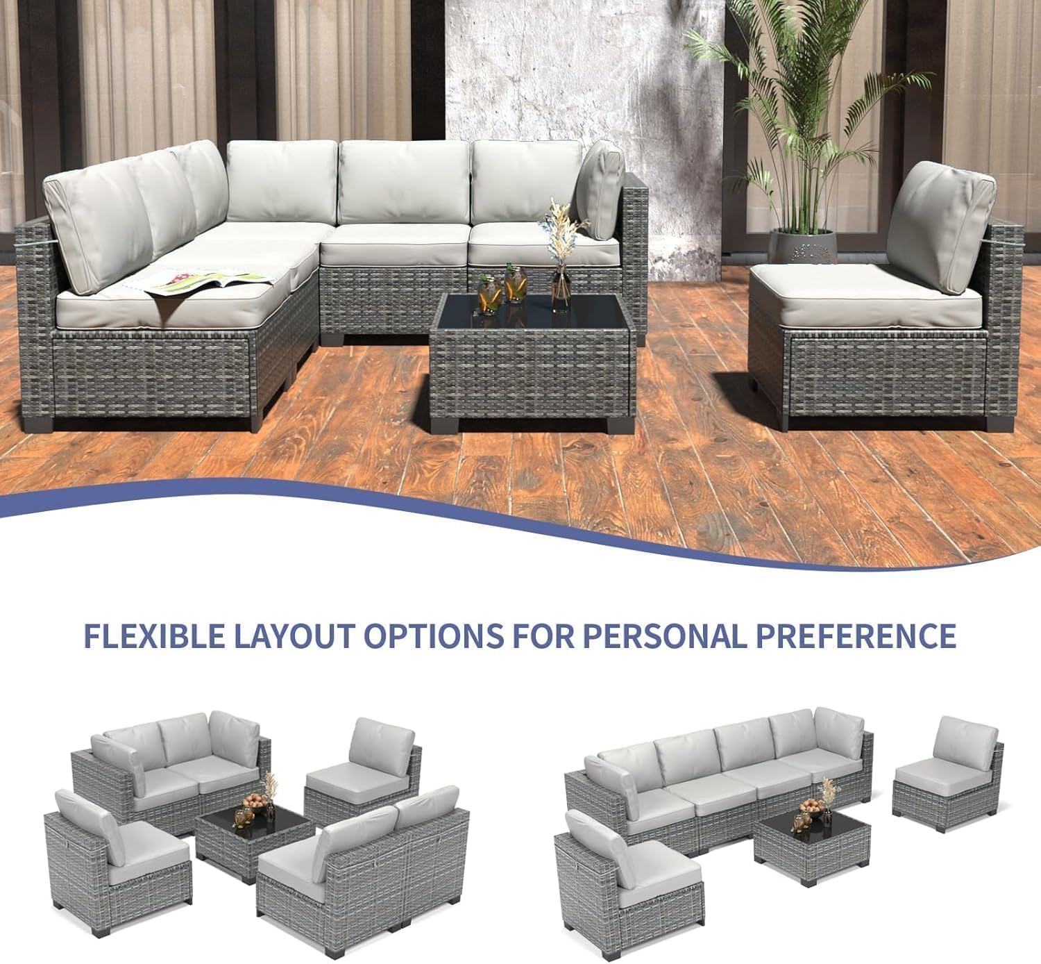 GarveeLife 7 Pieces Patio Furniture Set, Rattan Sectional Patio Sofa Set with 4 Sofas and One Coffee Table, Modular Outdoor Conversation Sofa Set for Garden, Backyard, Porch, Grey