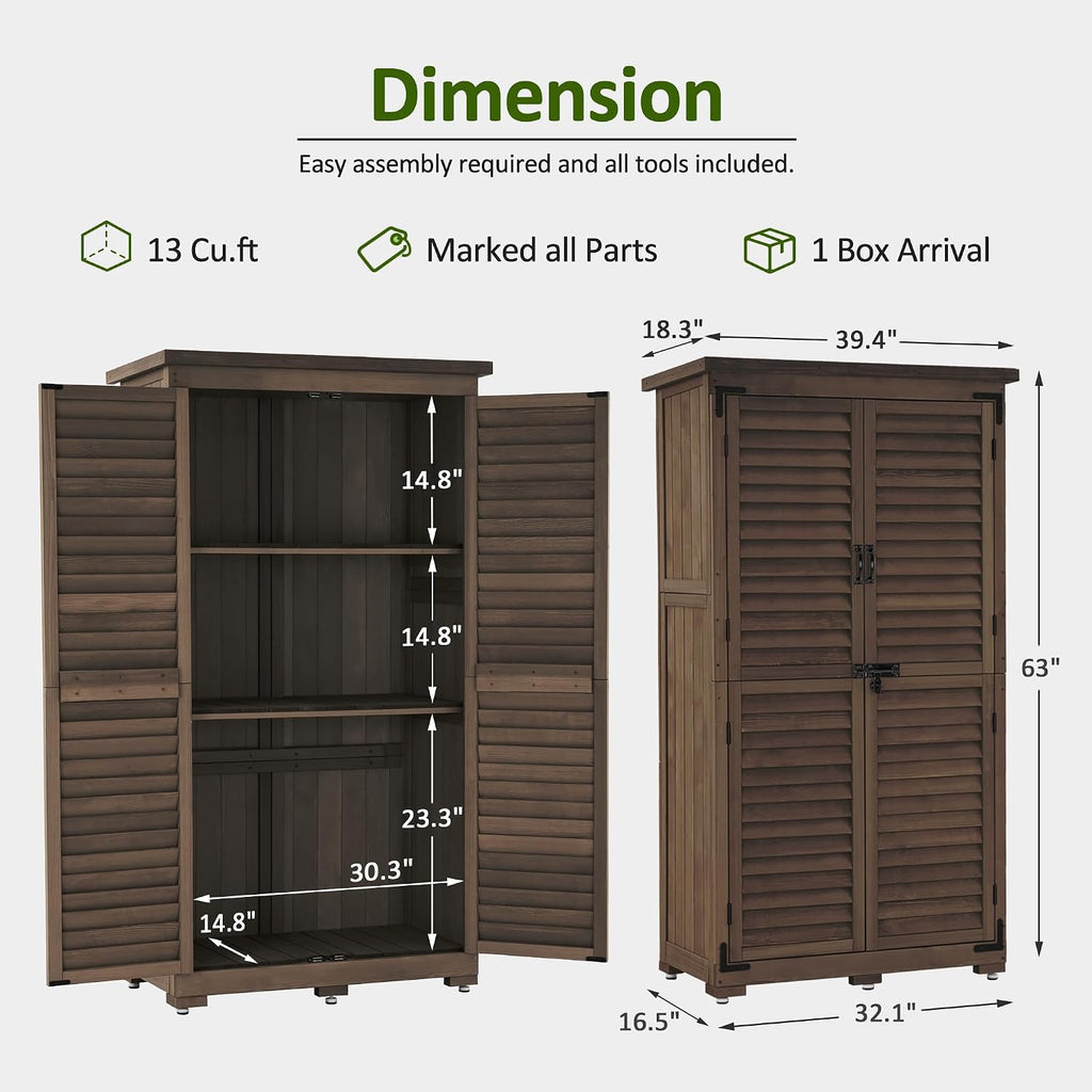 MCombo Outdoor Storage Cabinet, Garden Storage Shed, Outside Vertical Shed with Lockers, Outdoor 63 Inches Wood Tall Cabinet for Yard and Patio 0870 (Brown)
