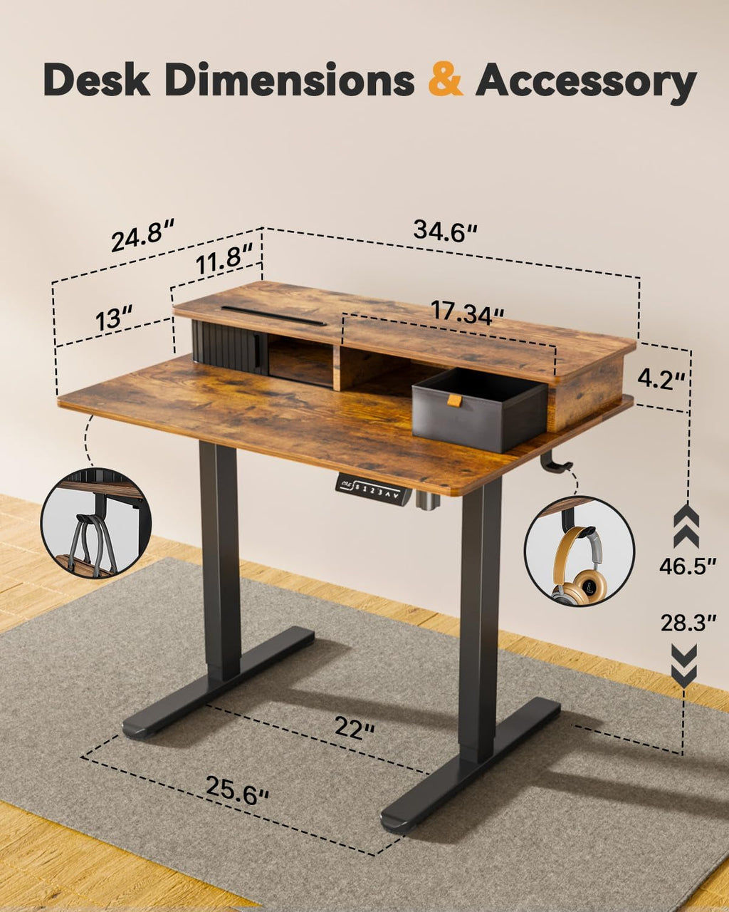 JOY worker Small Electric Standing Desk, 35' x 25' Height Adjustable Desk with Built-in Monitor Stand & Storage Drawer, Sit Stand Desk with 2 Hooks for Home Office, Rustic Brown
