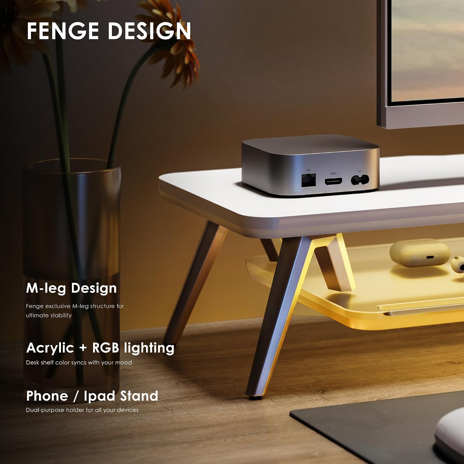 Fenge Dual Monitor Stand, 2 Tiers Acrylic Monitor Riser with LED Lights, 42.5 Inch Wood and Aluminum Desk Shelf with Phone and Tablet Holder