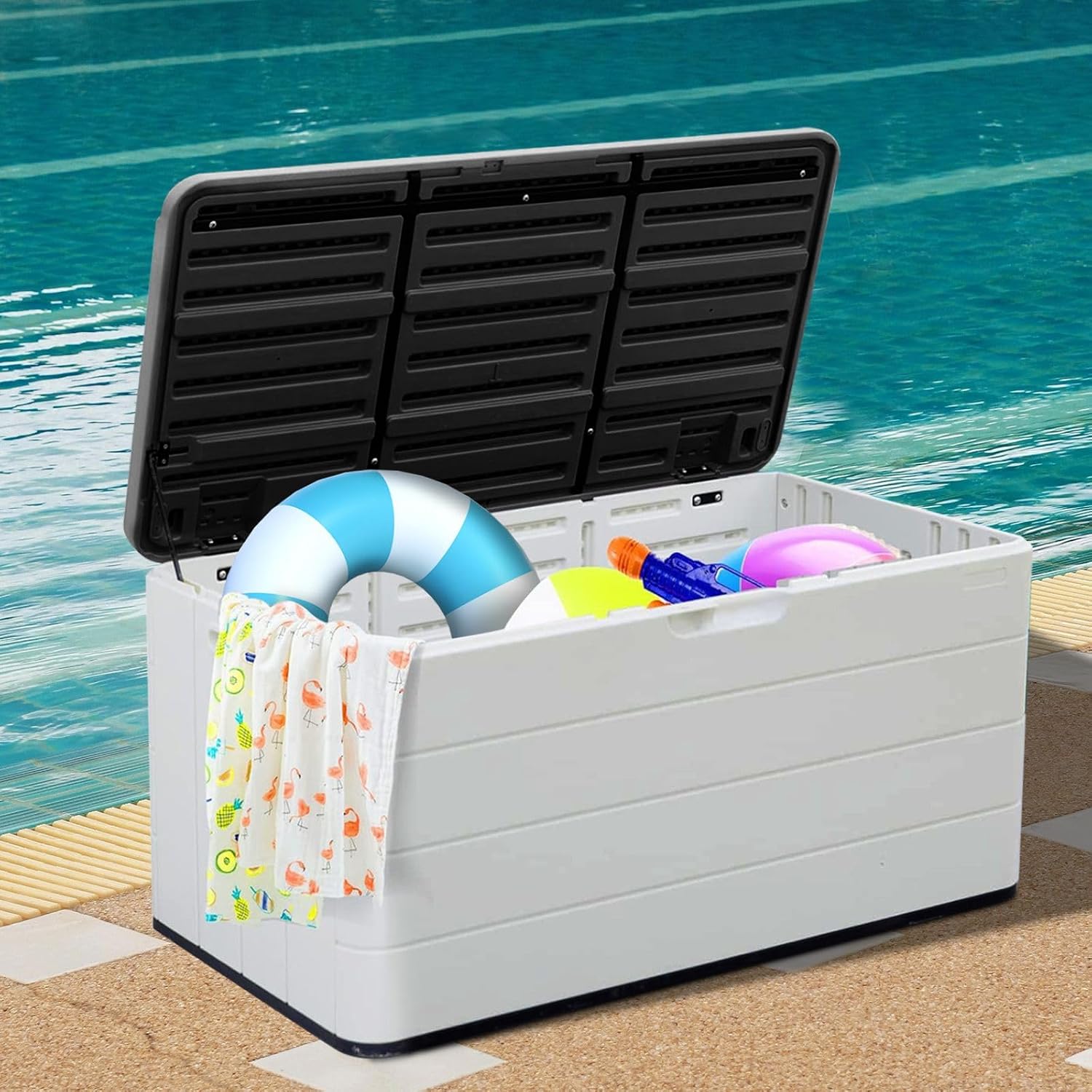 ZZM 110 Gallon Lockable Resin Deck Box, Waterproof Outdoor Storage Box for Patio Cushion Storage Cabinet and Tools Storage, White