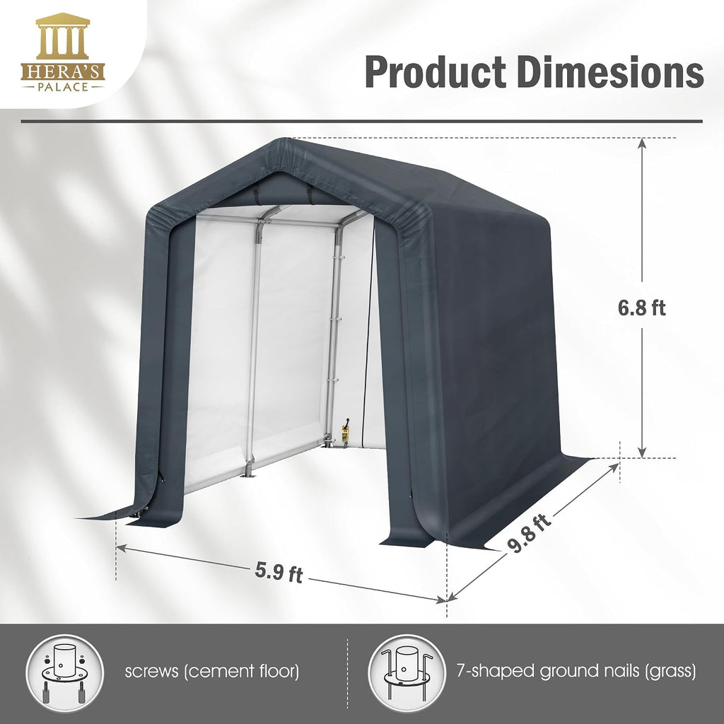 HERA'S PALACE 6x10ft Heavy Duty Motorcycle Storage Shed Small Carport Outdoor Anti-Snow Portable Canopy Shelter with 2 Doors Garage Tent for Garden Tools Bike