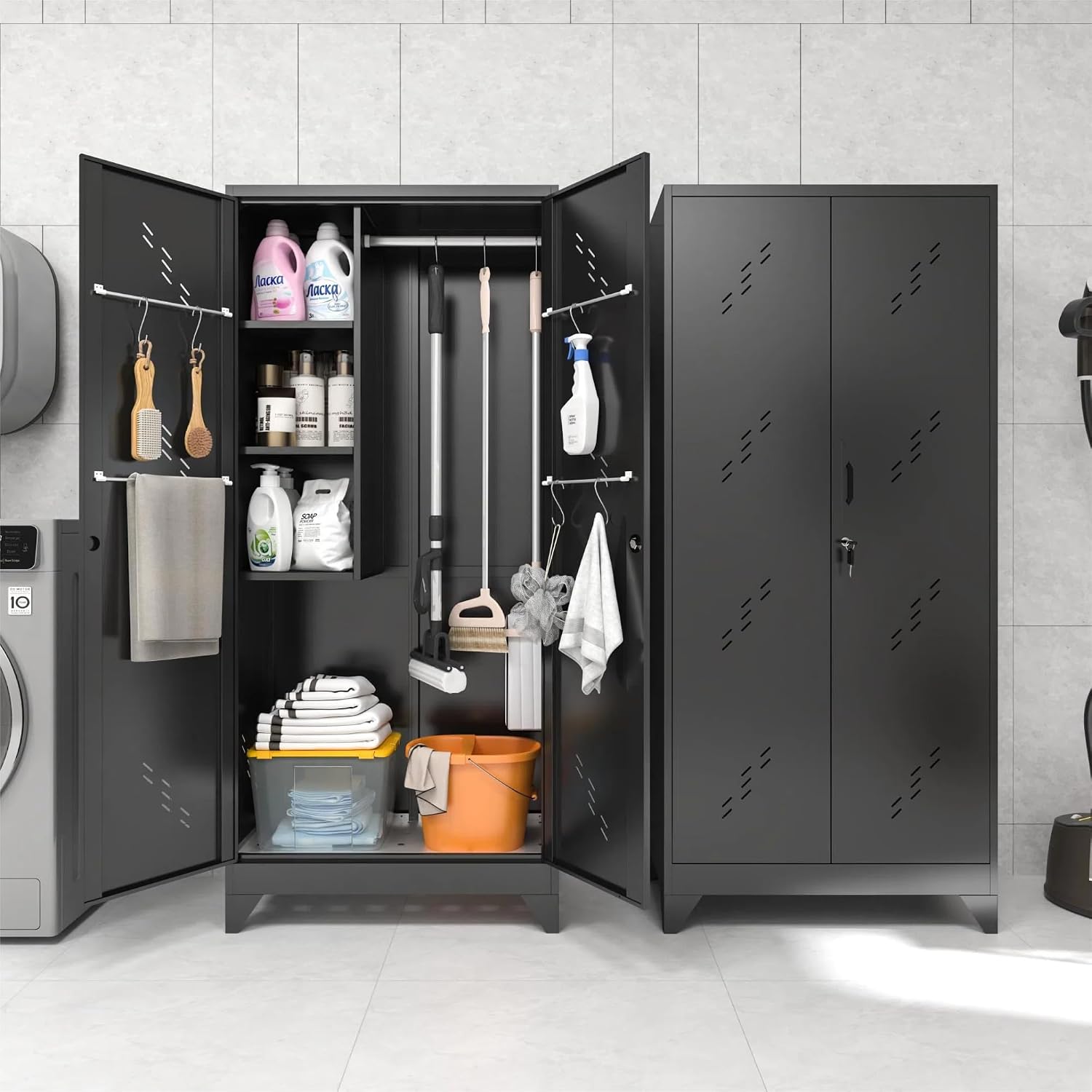 75' Metal Storage Cabinet with Lockable Doors, Functional Garage Storage Cabinets, Heavy-Duty Tool Organization Cabinet with Hanging Rod & S-Hooks (75' Utility Closet)