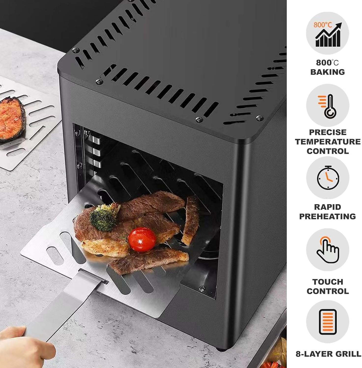 Commercial Indoor Steak Grill/Electric Steak Broiler - 30 Min Time/8 Gears Temperature Adjustable(100-800℃),8-Layer Portable Countertop Oven for Beef Chicken Vegetables,1700w,Grey