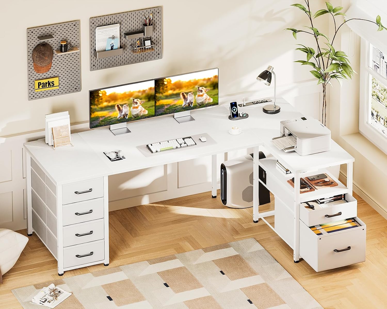 Coleshome L Shaped Computer Desk with 6 Drawers & Power Outlet, 63 Inch Office Desk with Reversible Storage Shelf & File Drawer, Home Office Desk, White