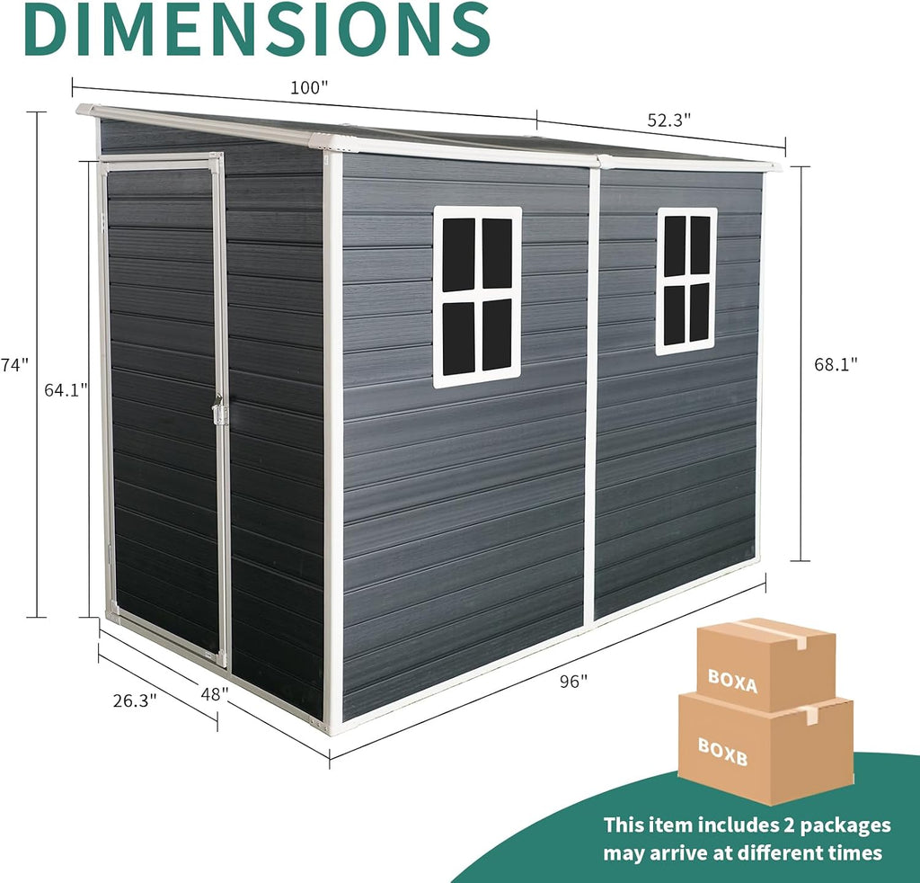 Ball & Cast 8x4FT Outdoor Storage Shed,Plastic Shed with 2 Windows and Lockable Doors, Waterpoof Garden Tool Shed with Floor Base and Vents for for Storing Bicycles,Lawnmowers,Barbeques,Black
