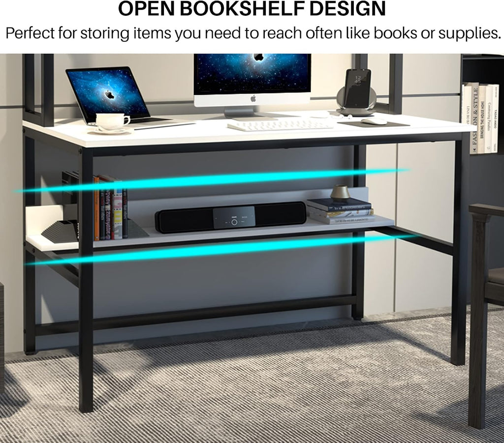 Aquzee Computer Desk, Easy Assembly Gaming Table with Hutch and Shelves, 4 Tiers Desk with Large Wood Desktop, Metal Legs, Ideal for Storage Study Work Writing Homework, White, 55Wx65Hx23.6D Inches