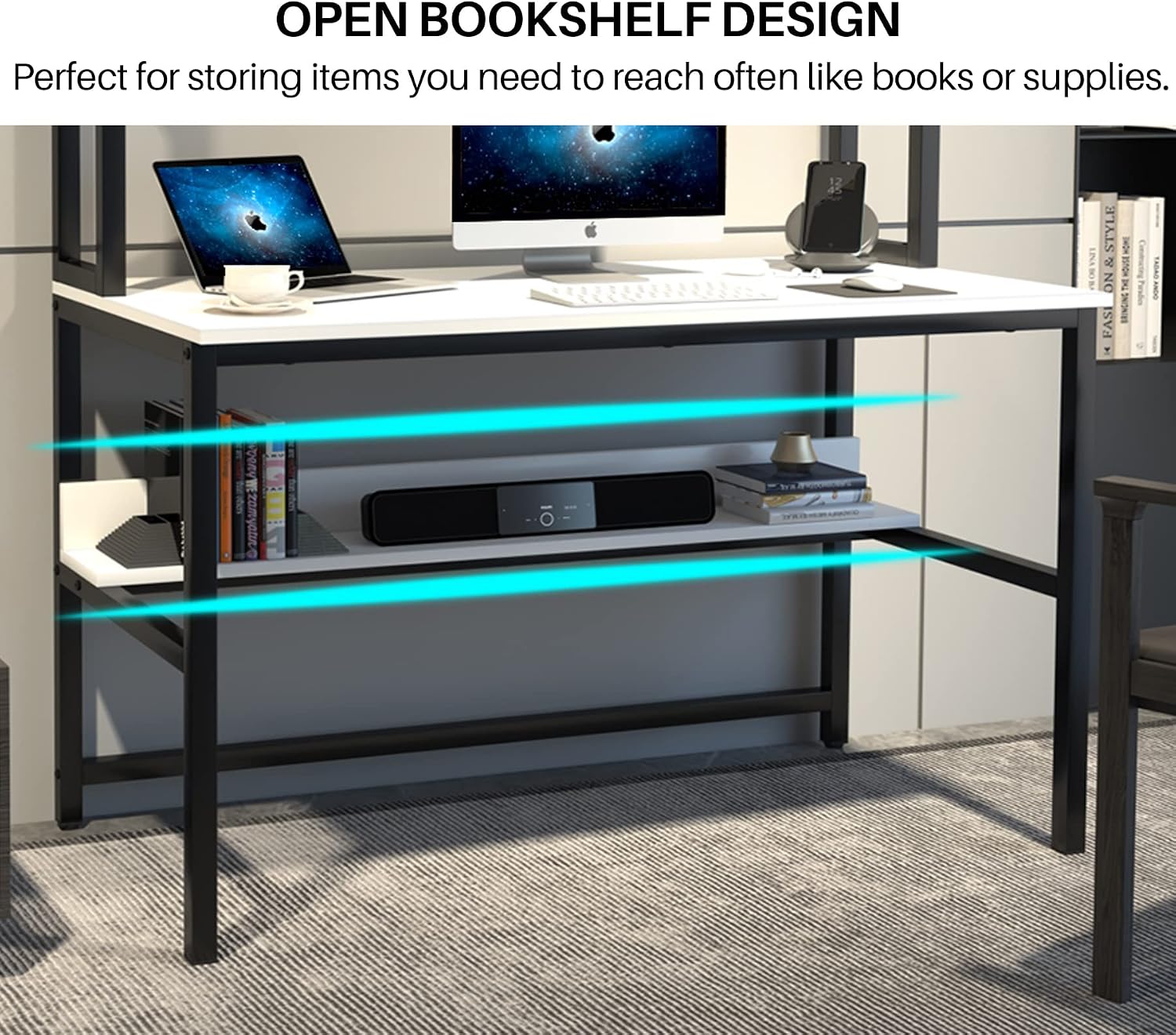 Aquzee Computer Desk, Easy Assembly Gaming Table with Hutch and Shelves, 4 Tiers Desk with Large Wood Desktop, Metal Legs, Ideal for Storage Study Work Writing Homework, White, 55Wx65Hx23.6D Inches