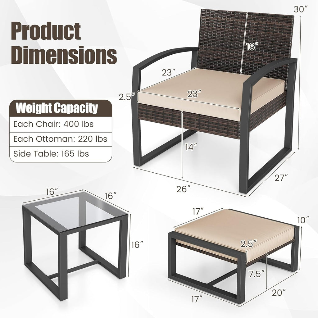 Tangkula 5 Pieces Wicker Patio Conversation Set, Outdoor PE Rattan Chair with Ottoman Set with Glass Side Table, 2-Person Small Balcony Furniture Seating Set with Cushions for Porch, Backyard, Deck