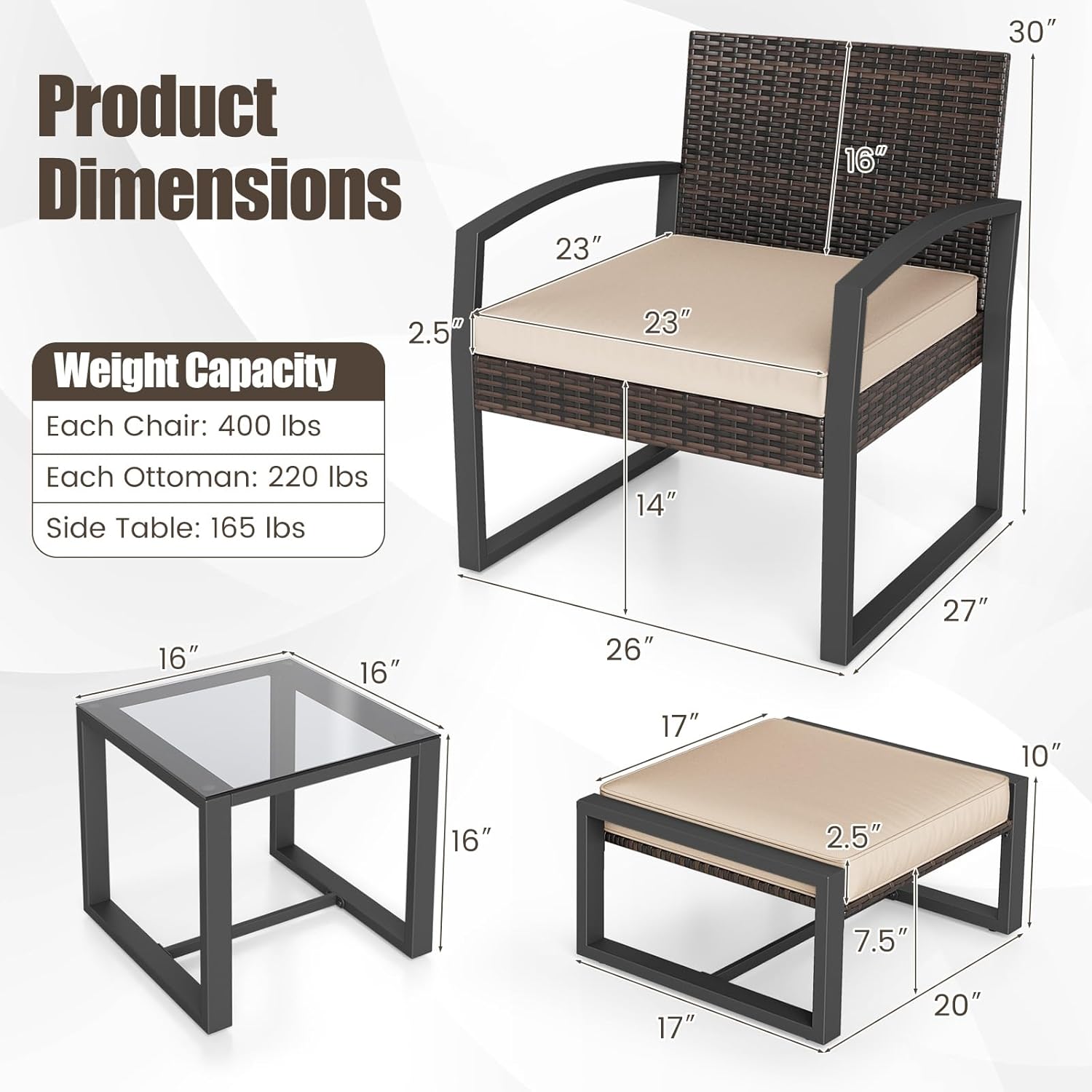 Tangkula 5 Pieces Wicker Patio Conversation Set, Outdoor PE Rattan Chair with Ottoman Set with Glass Side Table, 2-Person Small Balcony Furniture Seating Set with Cushions for Porch, Backyard, Deck