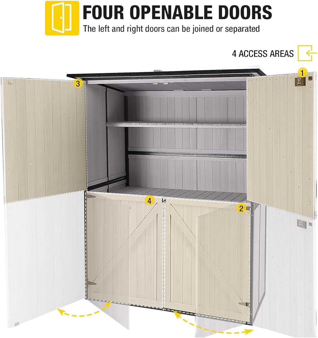 Aivituvin Storage Shed Outdoor Storage Cabinet Upgraded with All Arounded Metal Frame, Wooden Floor and Adjustable Shevels 55' L x 29' W x 67' H, Off-White