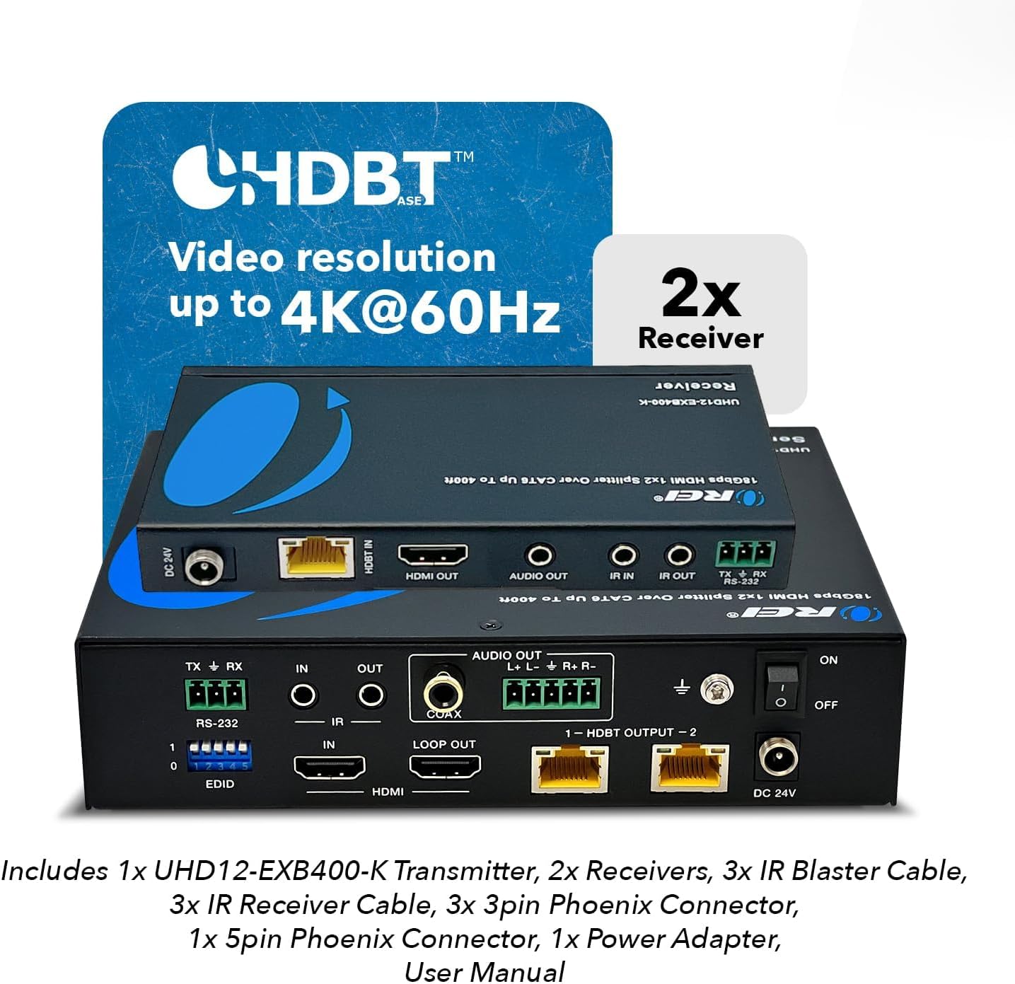 OREI 4K 1x2 HDMI Extender Splitter HDBaseT Over Single Cable CAT6/7 4K@60Hz 4:4:4 HDCP 2.2 with IR Remote EDID Management, HDR - Up to 400 Ft - Loop Out - Low Latency - Power Over Cable