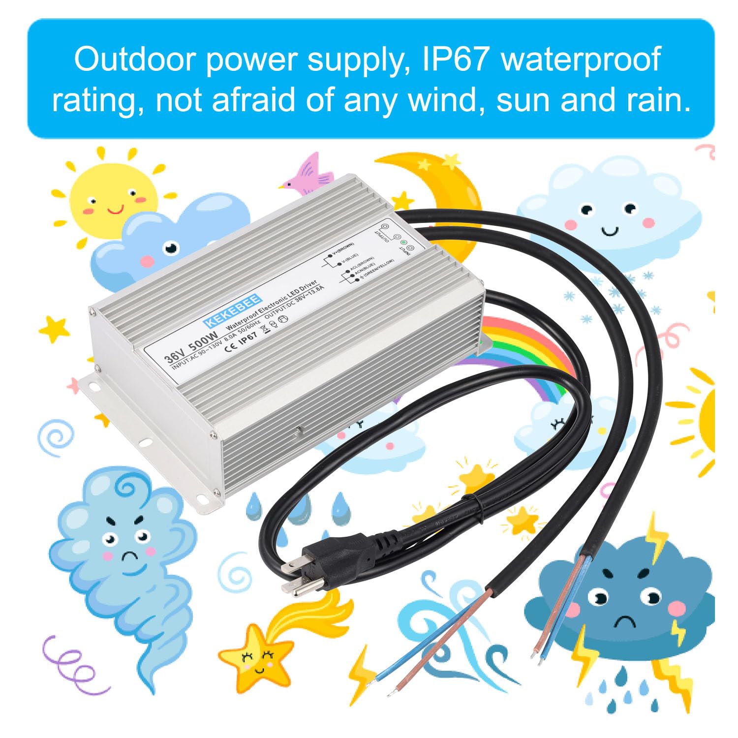 LED driver 36V 500W waterproof power supply AC90-135V to DC36V13.8A IP67 waterproof switching power supply suitable for outdoor LED lighting landscape lights street lights and 36V DC equipment