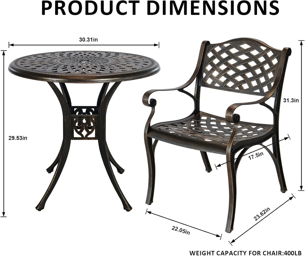 3 Piece Outdoor Dining Set,Cast Aluminum Bistro Set with Umbrella Hole, All Weather Patio Furniture Set, Small Patio Dining Set for Garden/Balcony/Deck, Bronze