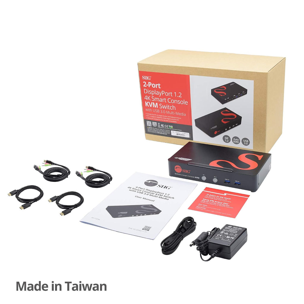 SIIG 4K DisplayPort 2-Port KVM Switch with Audio and Microphone, DP 1.2 4K60, USB 3.0 x4, USB 2.0 x2, Cables Included, Hotkey Control, TAA Compliant, ESD Protection, Metal housing (CE-DP0F11-S1)