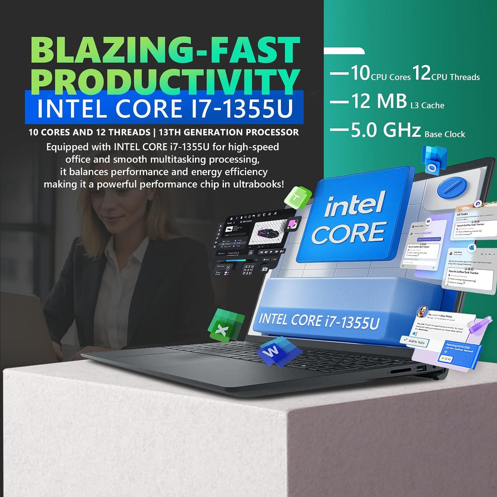 Dell 15 Touchscreen Laptop DC15250 for Business, Intel 10-Core i7-1355U, 15.6'' FHD Anti-Glare Display, 20GB RAM, 1TB SSD, Office 365 for the Web, Copilot AI, Webcam, Wi-Fi 6, Win 11 Pro, Black