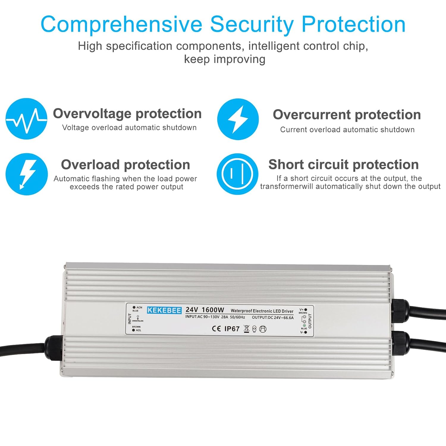 LED Driver 24V1600W Waterproof Power Supply AC 90-130V to DC 24V66.6A Waterproof Switching Power Supply IP67 Transformer Suitable for Indoor and Outdoor LED Lighting and Any 24V DC Equipment