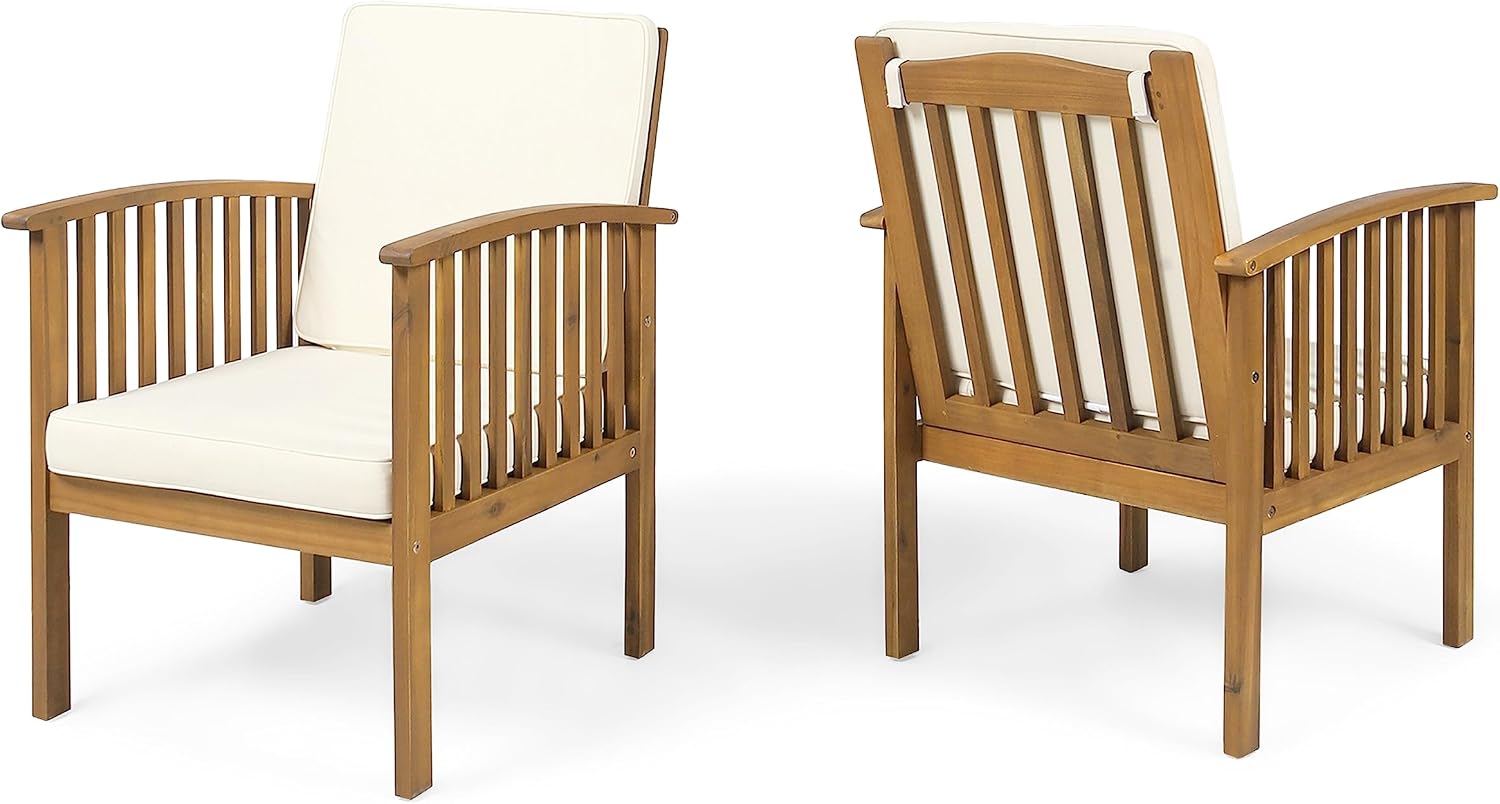Christopher Knight Home Kiin 3 Pieces Outdoor Patio Furniture Set, Acacia Wood Patio Conversation Set, Side Table and Club Chairs with Cushion for Garden Backyard Balcony, Brown + Cream + Light Teak