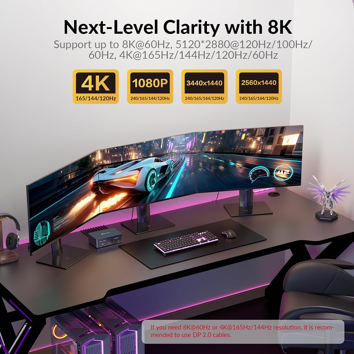 AV Access 8K KVM Switch 3 Monitors 2 Computers, 5 USB Ports, KVM Docking Station Triple Monitor 8K@60Hz/4K@165/144Hz, 2K@144Hz, SD, Audio, Gigabit LAN for Dell HP Desktop with HDMI & DisplayPort