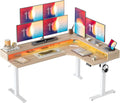 TIQLAB 63'' L-Shaped Standing Desk with LED Light Strip and Power Outlet, Height Adjustable Corner Table with Ergonomic Monitor Stand, Light Walnut