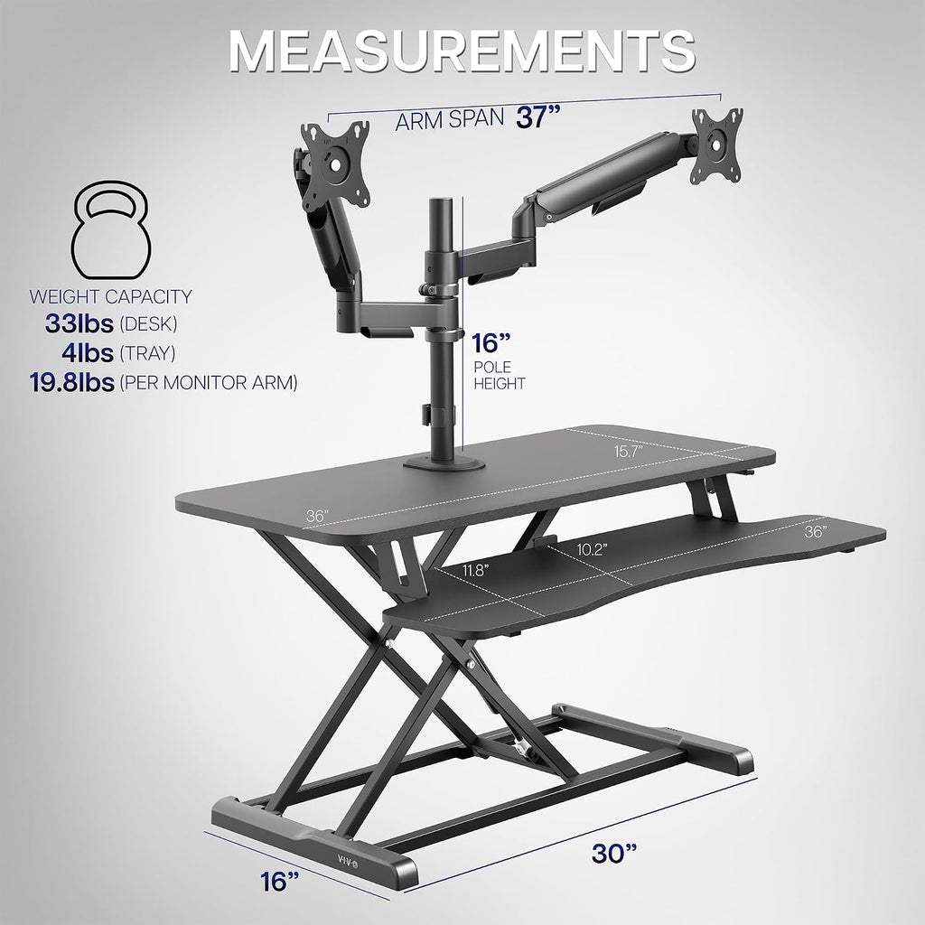 VIVO 36 inch Standing Desk Converter with Dual Monitor Mount for up to 32 inch Screens, Height Adjustable Riser with Mechanical Spring Arms, Black, DESK-KIT-036K2K