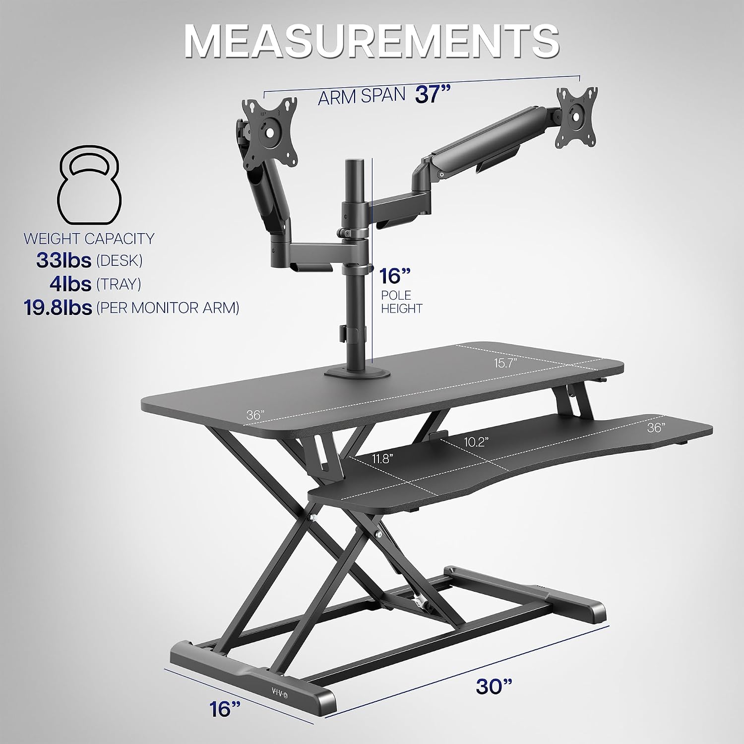 VIVO 36 inch Standing Desk Converter with Dual Monitor Mount for up to 32 inch Screens, Height Adjustable Riser with Mechanical Spring Arms, Black, DESK-KIT-036K2K