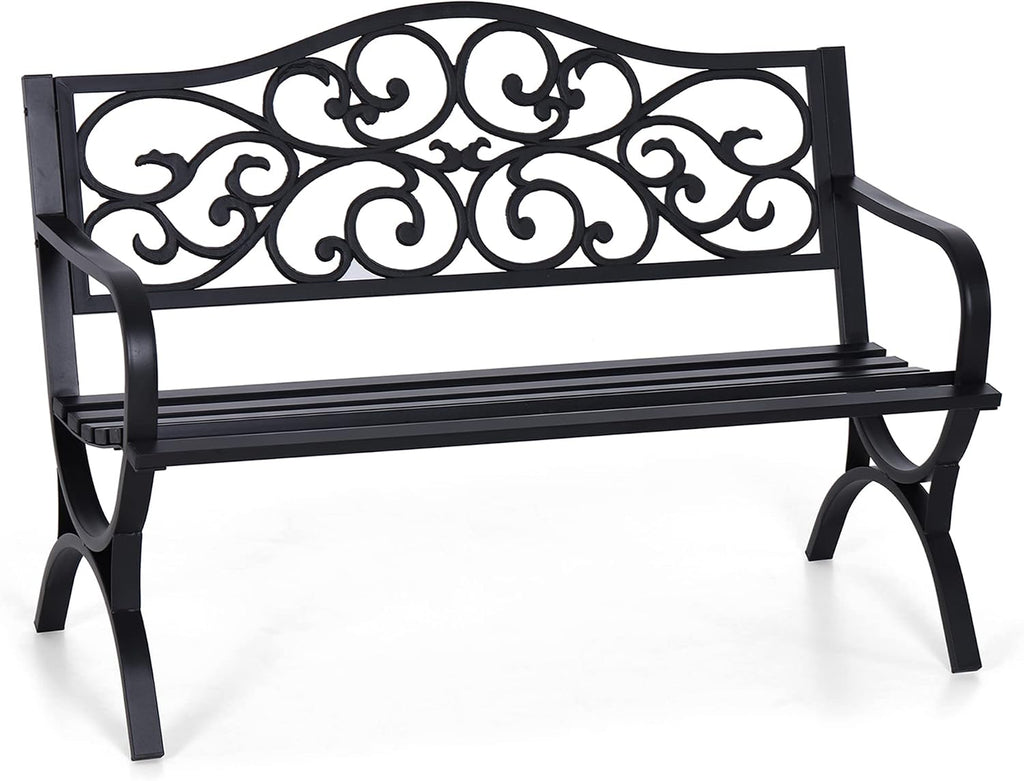Sophia & William 50' Outdoor Garden Bench Patio Park Bench, Cast Iron Metal Frame Furniture with Floral Design Backrest for Porch Yard Lawn Deck, Black
