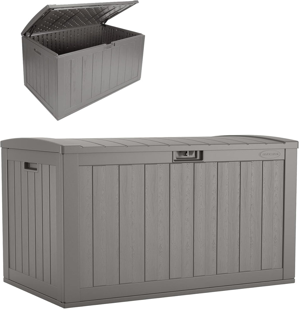 Suncast 134-Gal. Resin Extra-Large Outdoor Patio Deck Box with Pad-Lockable Lid, Modern Outdoor Patio Bench/Storage Box for Cushions, Garden Tools, and More, Dove Gray