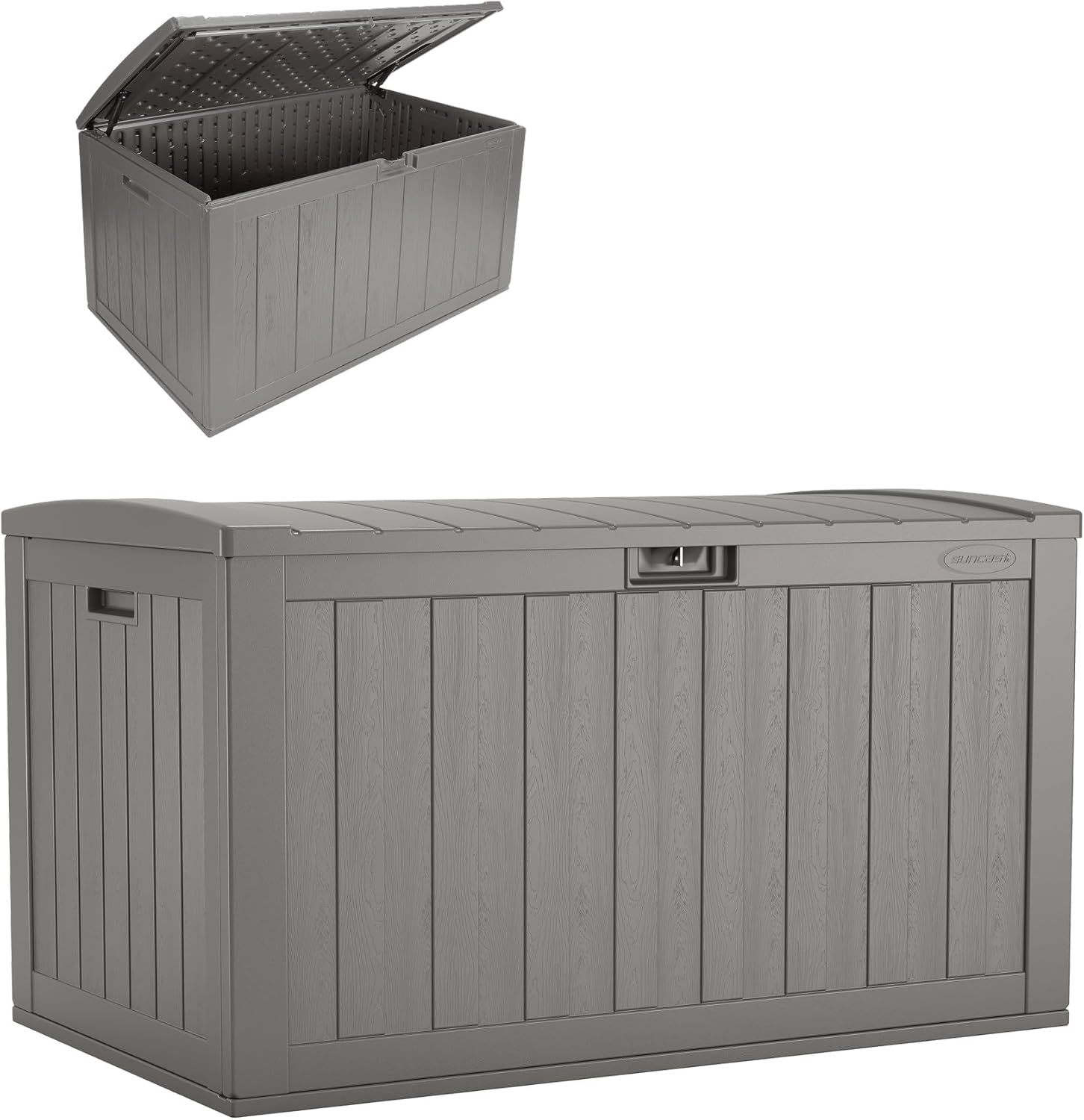 Suncast 134-Gal. Resin Extra-Large Outdoor Patio Deck Box with Pad-Lockable Lid, Modern Outdoor Patio Bench/Storage Box for Cushions, Garden Tools, and More, Dove Gray
