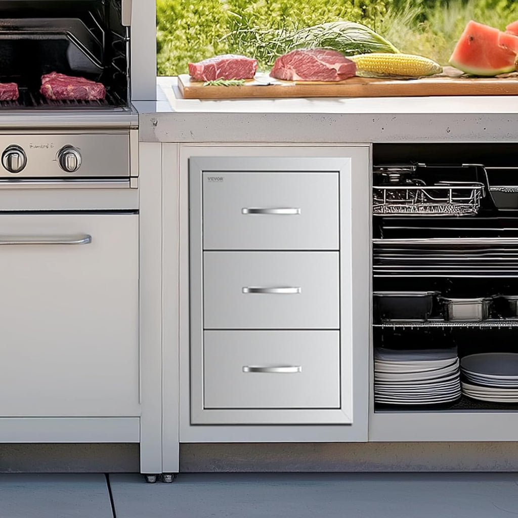VEVOR Outdoor Kitchen Drawers, 16.5' W x 29' H x 20.5' D Triple Access Drawers, Stainless Steel Flush Mount Cabinets, BBQ Island Storage with Paper Towel Holder & Handle, for Patio Grill Station