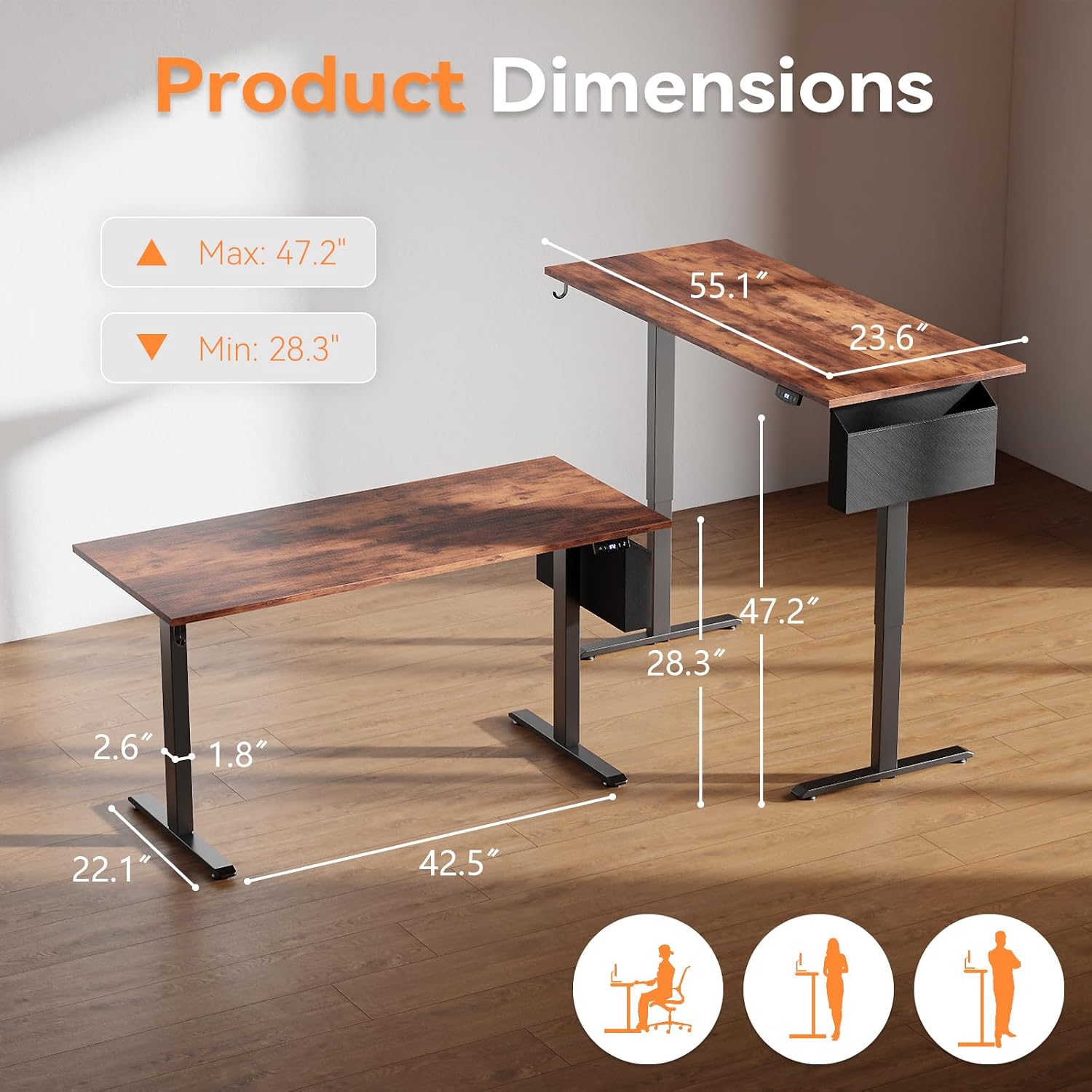 Korfile Electric Standing Desk, Sit to Stand Up Computer Desk with Storage Bag, Height Adjustable, Memory Presets for Home Office Gaming Workstations, 55 inch Study Table, Rustic Brown